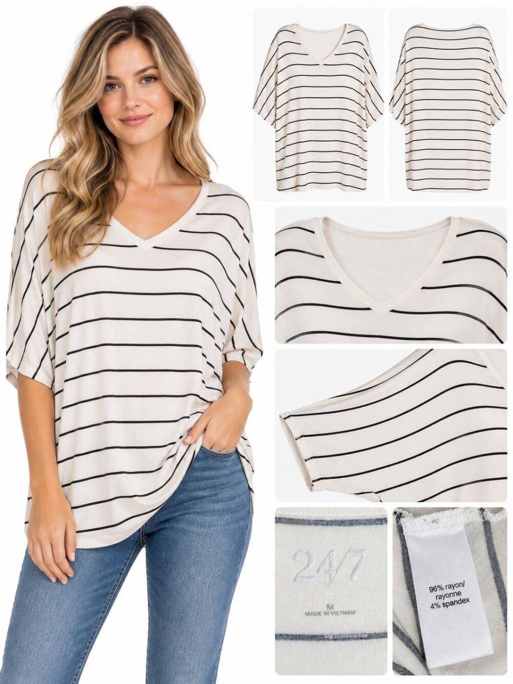Maurices 24/7 M Oversized Stripe Tee Ivory Black Short Sleeve Slouchy